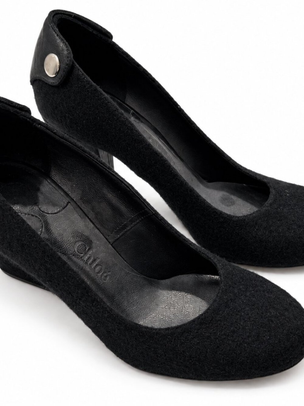 Chloé Black Felt Textured Round-Toe Pumps with Silver-Tone Stud Detail Size 7